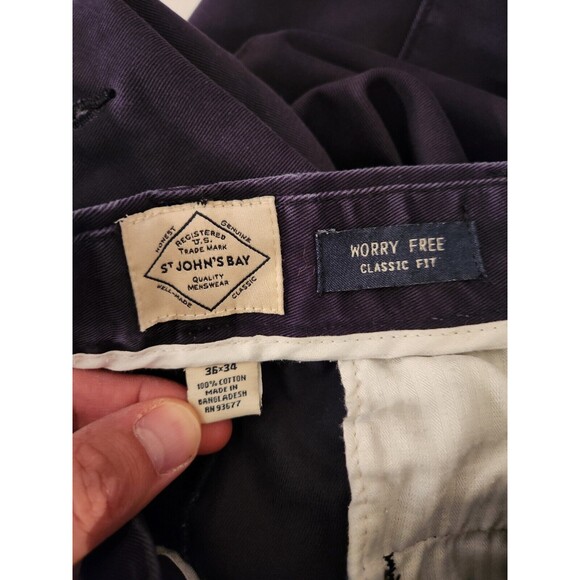 St. John's Bay Pants Mens 36x34 Navy Worry Free Classic Fit Khakis Flat Straight - Picture 3 of 4